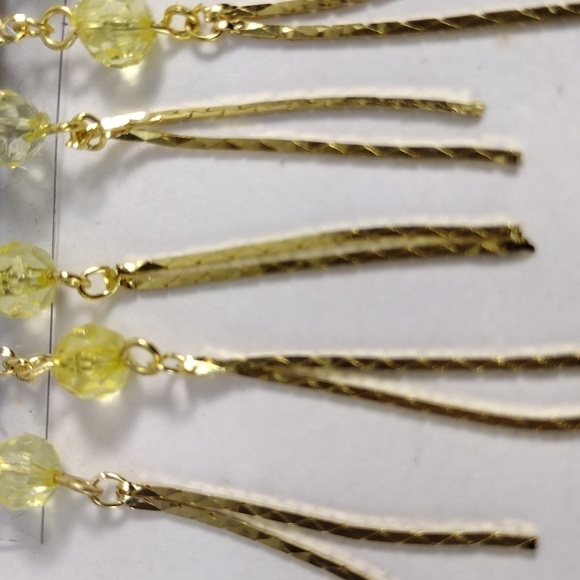 Gold-Tone Chandelier Drop Earrings – 3" Yellow Beaded Fringe Statement Jewelry - Picture 6 of 8